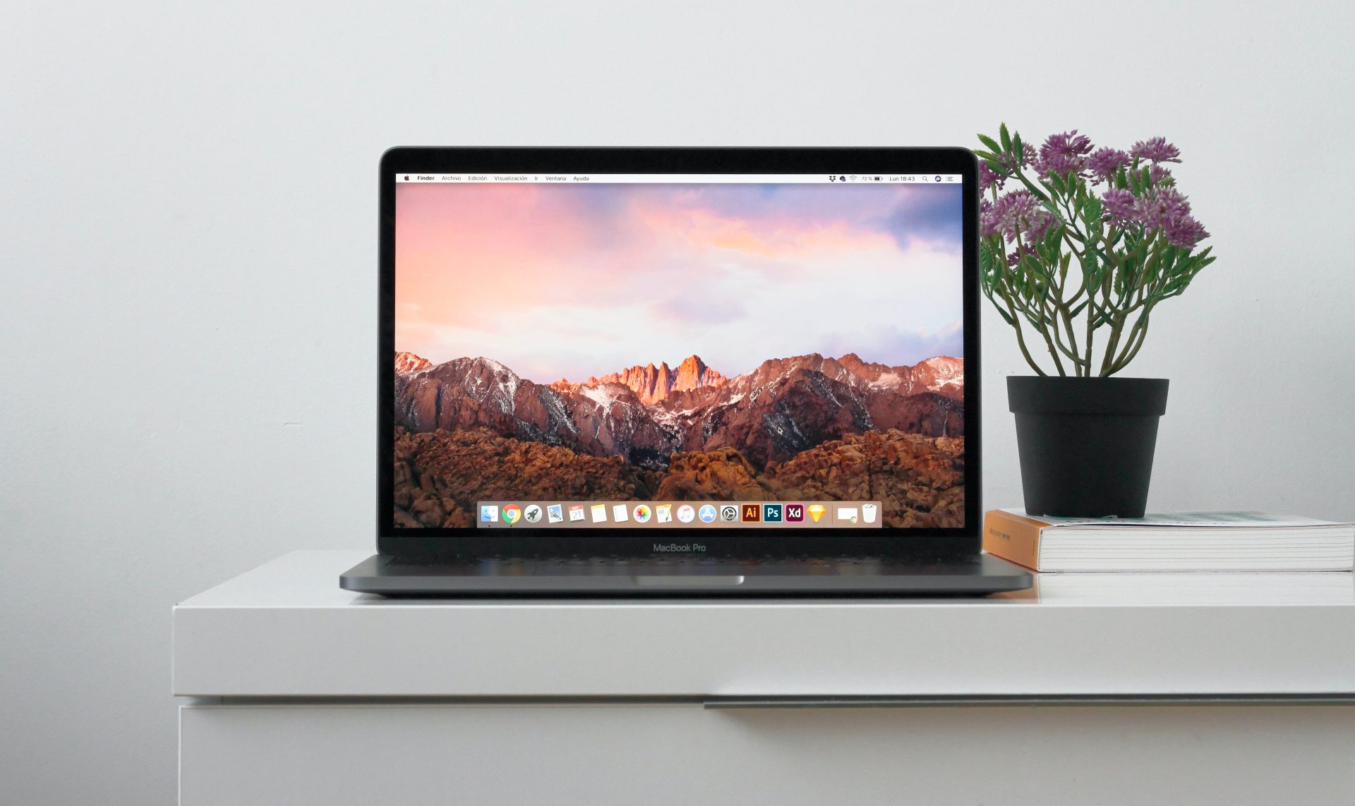 macbook on table with plant beside